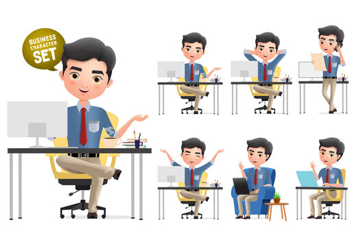 Business man characters in office desk vector set. Business office manager character waving, relaxing and calling in different pose isolated in white background. Vector illustration.