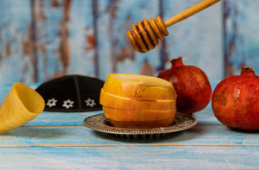 Jewish Holiday Rosh hashanah honey and apples with pomegranate