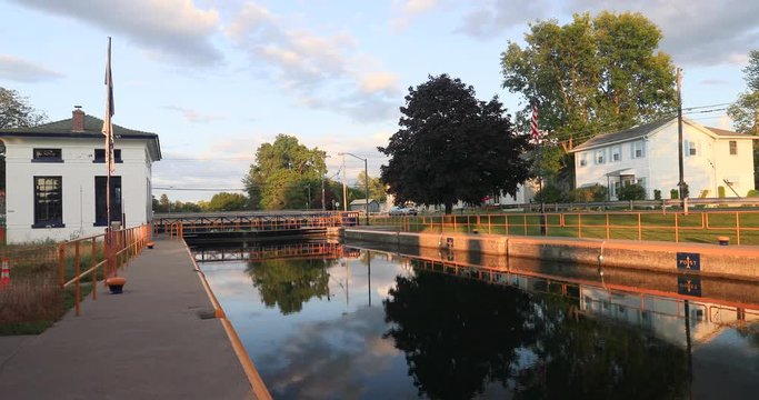 Waterloo canal New York Seneca Lake Lock bridge. Cayuga Seneca Canal. Connects the Erie Canal to Cayuga Lake and Seneca Lake. Transport of cargo from eastern ports and cities.