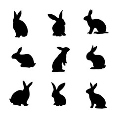 Isolated rabbits on the white background. Rabbits silhouettes. Vector EPS 10.