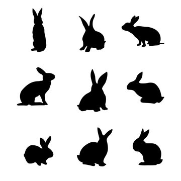 Isolated rabbits on the white background. Rabbits silhouettes. Vector EPS 10.