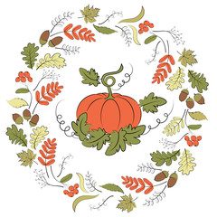 A wreath of autumn leaves and berries: maple, oak, rowan berries and leaves. In the center of the composition is a pumpkin with leaves.