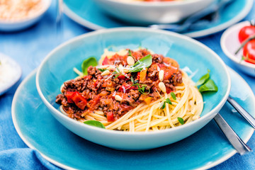 Spaghetti Bolognese mit Tomatensauce und Hackfleisch, geriebenem Parmesankäse und frischem Basilikum