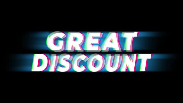 Great Discount Text Glitch Effect Promotion Advertisement Loop Background. Price Tag, Sale, Discounts, Deals, Special Offers, Green Screen and Alpha Matte