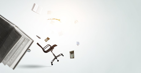 Office objects levitating . Mixed media