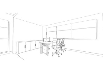 interior outline sketch drawing perspective of a space office.Workplaces . Tables, chairs and windows. Vector illustration in a sketch style.