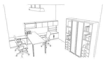 interior outline sketch drawing perspective of a space office.Workplaces . Tables, chairs and windows. Vector illustration in a sketch style.