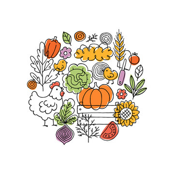 recommend clip art: Farm living composition. Linear graphic. Chicken, vegetables and harvest tools. Scandinavian style. Vector illustration