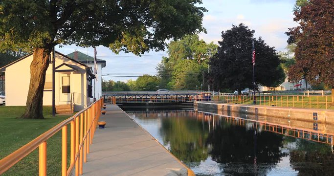 Waterloo canal New York Seneca Lake Lock bridge. Cayuga Seneca Canal. Connects the Erie Canal to Cayuga Lake and Seneca Lake. Transport of cargo from eastern ports and cities.