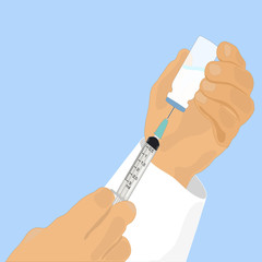It's time to get vaccinated. Flat concept of a syringe with a vaccine. The doctor's hand holds a syringe. A medicine bottle. Isolated. Vector