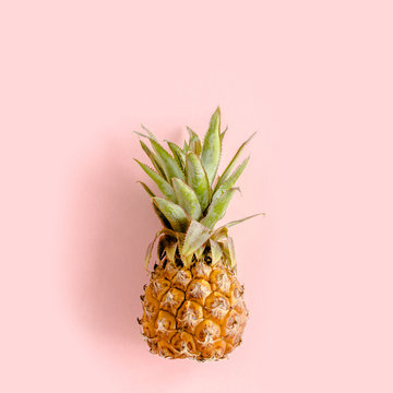 Top view pineapple isolated pink background with copy space for text. Template blog social media. Food concept. Minimal style. flat lay