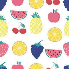 Cute fruit background with lemon,cherry,apple,watermelon,grape.Vector illustration seamless pattern for background,wallpaper,frabic