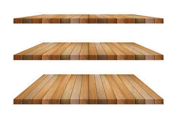 Set of brown wood shelves on isolated white background. Objects with clipping path for design work and decoration