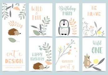 Cute kid background with jungle,wild,hedgehog,bear,penguin for birthday invitation