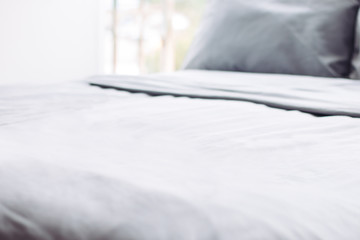 grey clean perfect bed, hotel room, towel, linens, background