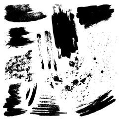 Set of black paint, ink splatters, grunge texture, brush strokes, brushes, blots, drops, splashes. Vector collection dirty artistic design elements, paintbrush, grunge silhouette