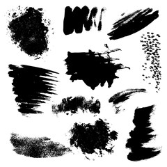 Set of black paint, ink splatters, grunge texture, brush strokes, brushes, blots, drops, splashes. Vector collection dirty artistic design elements, paintbrush, grunge silhouette