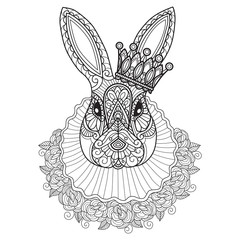 Hand drawn sketch illustration of rabbit king for adult coloring book.