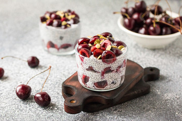 Chia pudding with cherry berries, natural yogurt, chia, pumpkin seeds in a glass on a grey surface. Front view. Healthy dessert,  super food 