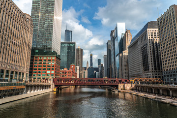 Chicago skyline view from the Chicago Riverwalk