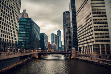 Fototapeta na wymiar Chicago skyline view from the Chicago Riverwalk