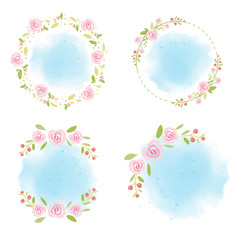 pink roses wreath on blue watercolor background collection for summer