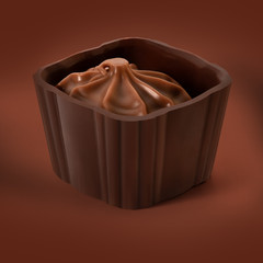 Small chocolate basket with cream on brown background