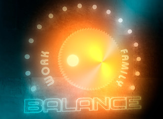 Balance adjust between work and family. Concept of regulator with neon shine scale. 3D rendering