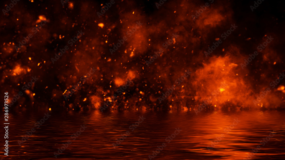 Wall mural texture of fire with reflection in water. flames on isolated black background. design element.