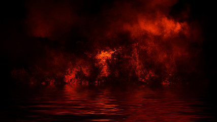 Texture of fire with reflection in water. Flames on isolated black background. Design element. - obrazy, fototapety, plakaty