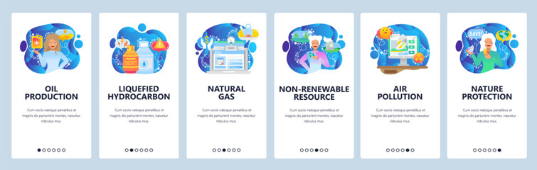 Mobile app onboarding screens. Oil production, natural gas, air pollution. Menu vector banner template for website and mobile development. Web site design flat illustration
