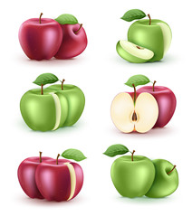 Apple Fresh Ripe Red and Green 3D Realistic Set in Isolated White Background. Vector Illustration