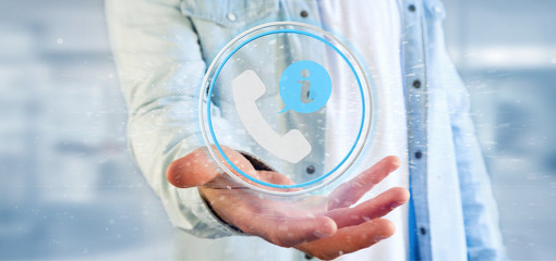 Businessman holding a customer and assistance hotline service button 3d rendering