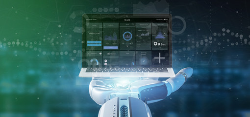 Cyborg hand holding Laptop with business user interface data on the screen isolated on a background