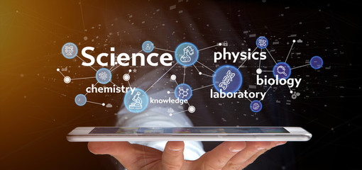 Businessman holding Science icons and title