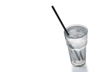 glass of water with ice on white background. Copy space