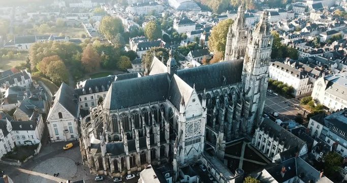 Aerial morning view of gothic Saint-Gatien Cathedral and city Tours, France