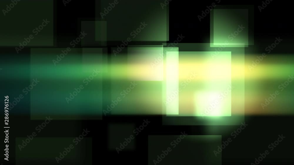 Poster stunning 2d rendering of glittering green squares flying objects on the black background. it looks o