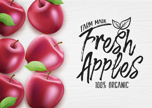 Red Fresh Apples Farm Made Organic 3D Realistic Banner Top View On White Wood Background. Vector Illustration