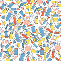 Seamless pattern with hand-drawn cosmetics. Collection of jars, brushes, tubes and bottles in doodle style. Vector illustration