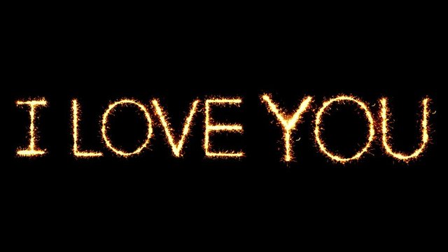 I Love You Text Sparkler Writing With Glitter Sparks Particles Firework on Black 4K Loop Background. Greeting card, Invitation, Celebration, Party, Gift, Message, Wishes, Festival.