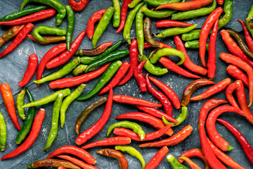 Background with chili and cup, top view
