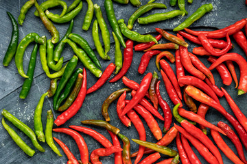 Background with chili and cup, top view
