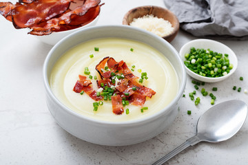 Potato cream soup with bacon, green onion and cheese.