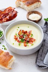 Potato cream soup with bacon, green onion and cheese.