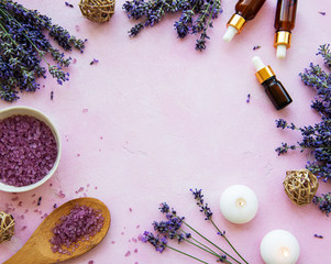 flat lay composition with lavender flowers and natural cosmetic