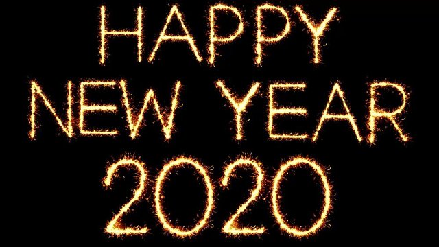 Happy New Year 2020 Text Sparkler Writing With Glitter Sparks Particles Firework on Black 4K Loop Background. Greeting card, Invitation, Celebration, Party, Gift, Message, Wishes, Festival.