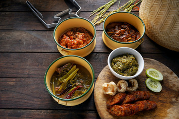 Dim sum, Dim Sum on the wooden table, top view and space for text input , Dim Sum (Chinese food) in steamed bamboo