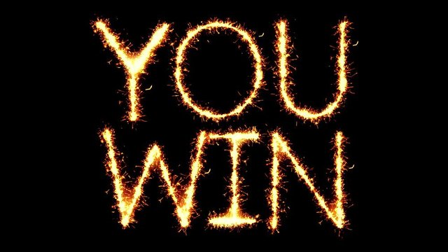 You Win Text Sparkler Writing With Glitter Sparks Particles Firework on Black 4K Loop Background. Greeting card, Invitation, Celebration, Party, Gift, Message, Wishes, Festival.