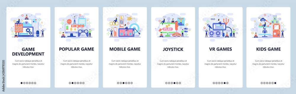 Wall mural mobile app onboarding screens. game development, vr technology, mobile games, joystick. menu vector 